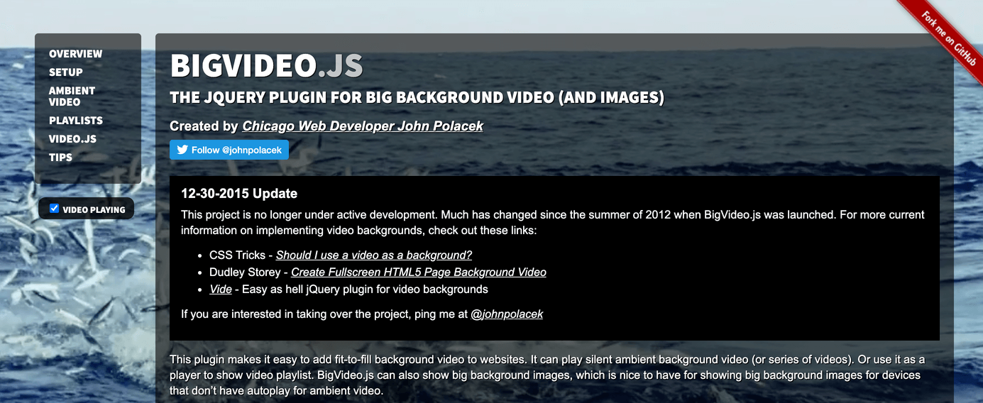 Big Video JS project page screenshot with demo video and instructions