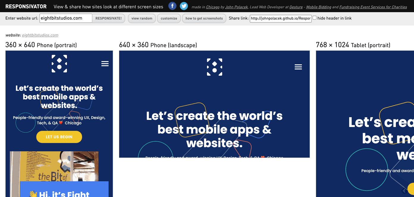 Responsivator screenshot showing a website at different screen sizes