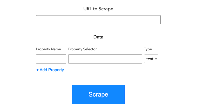 Url and property input fields with a submit button for using the Next.js Scraper Playground